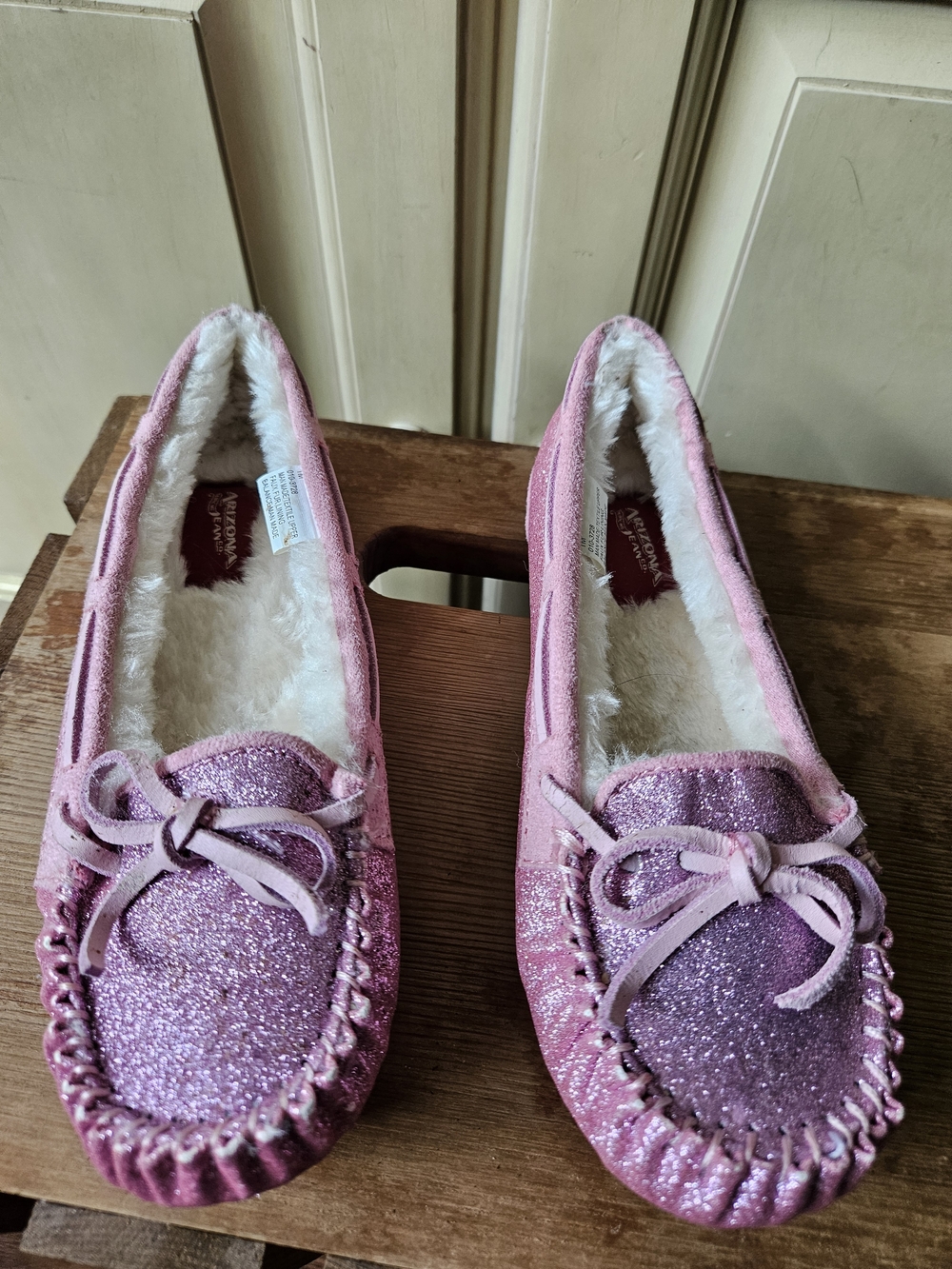 Arizona Girl’s Pink Glitter Moccasin Slippers - Faux Fur Lining